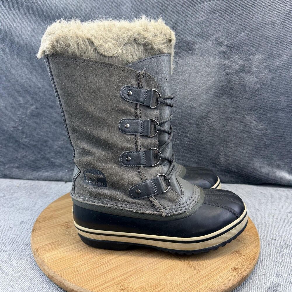 Sorel Boots Girls Size 3 Gray Suede Waterproof Winter Snow Faux Fur NY1858-052